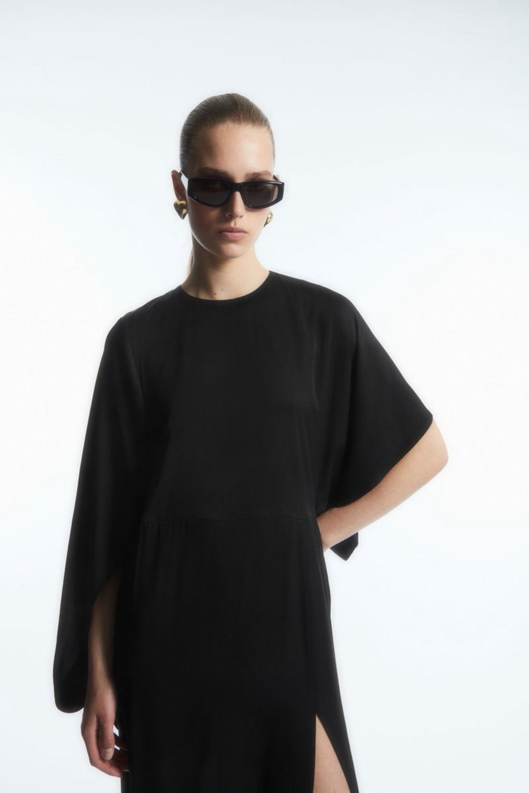 Cos Asymmetric Sleeve Draped Midi Dress Black Size Womens Us 10